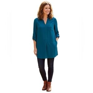 Lush Teal Split Neck Long Sleeve Shift Dress Size M